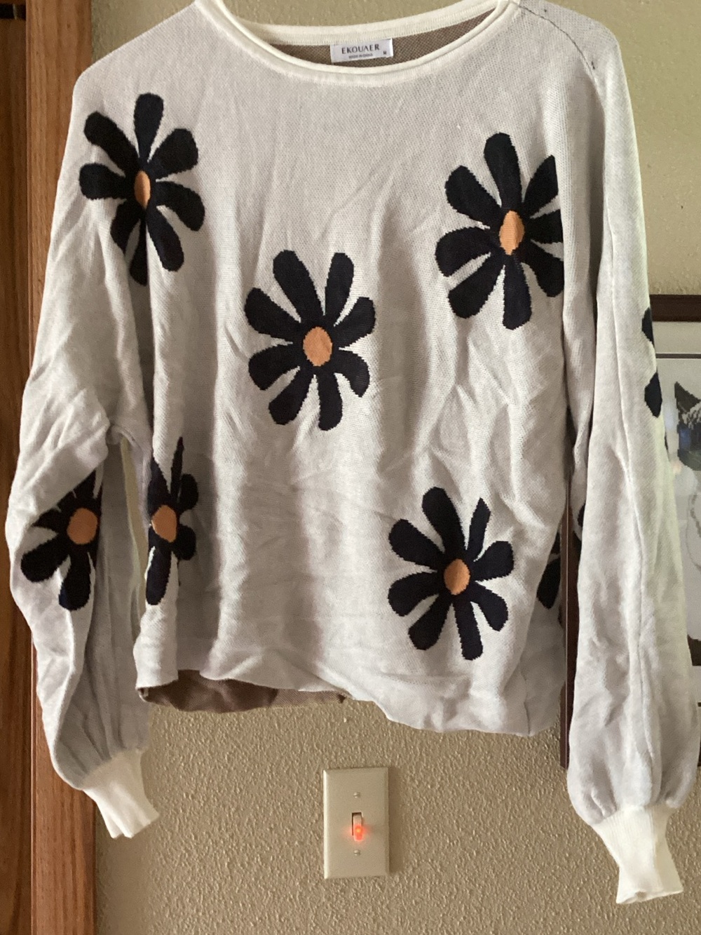 Off white Floral Knit Sweater with Black Daisies